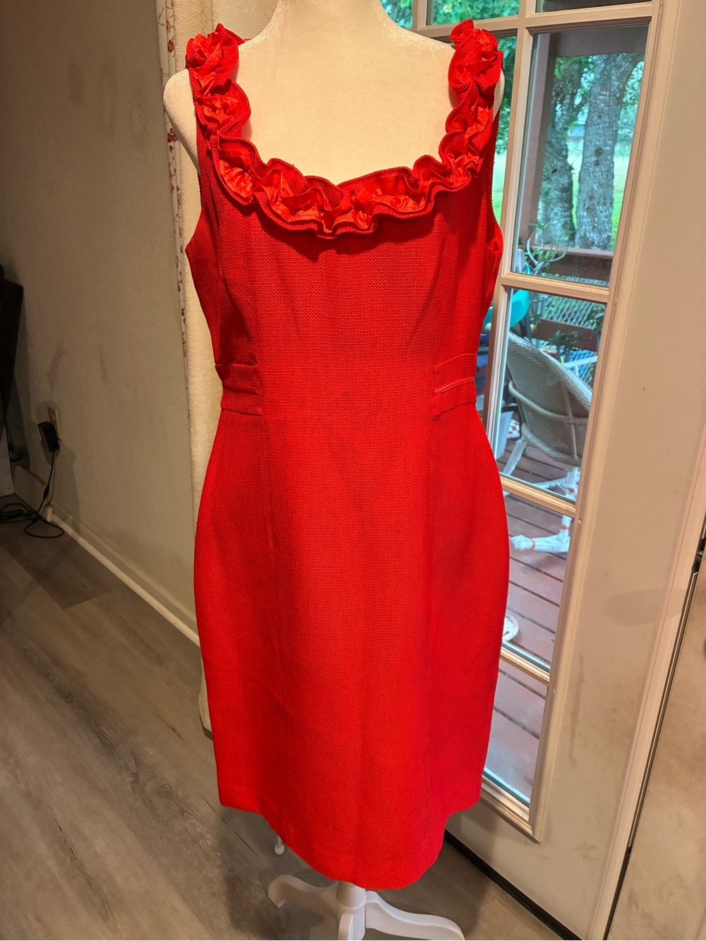 Studio I Red Ruffle-Neck Midi Sheath Dress